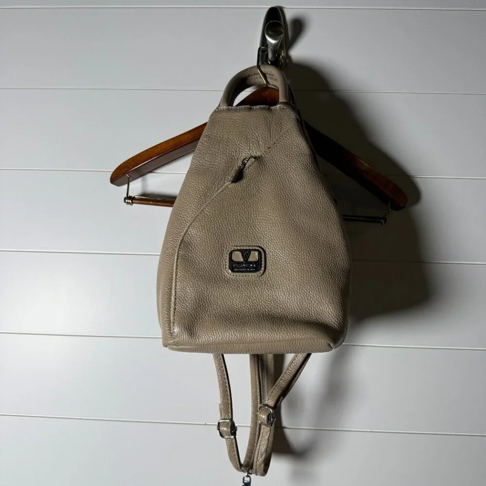 Valentina Italian Bag Sling Backpack Shoulder Pebble Leather Taupe